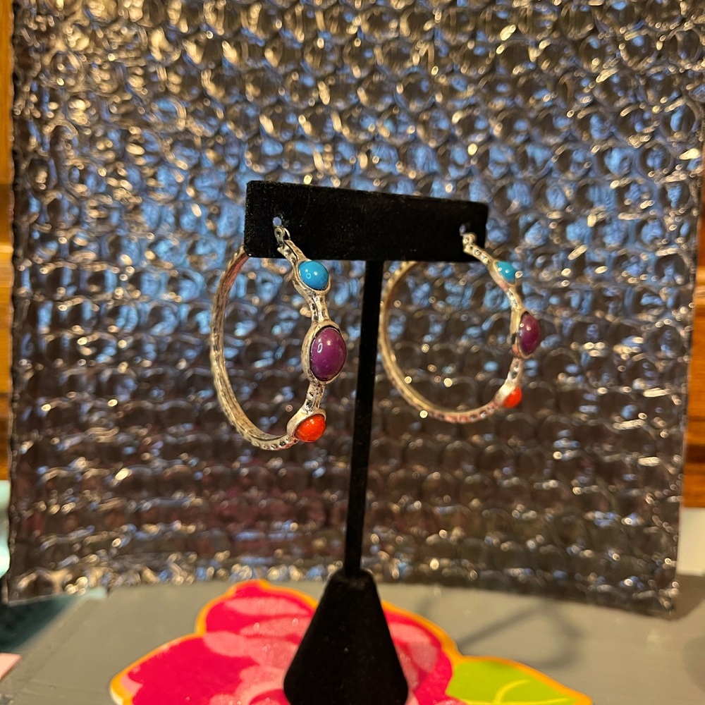 Turquoise, Purple, and burnt Orange hoop earrings